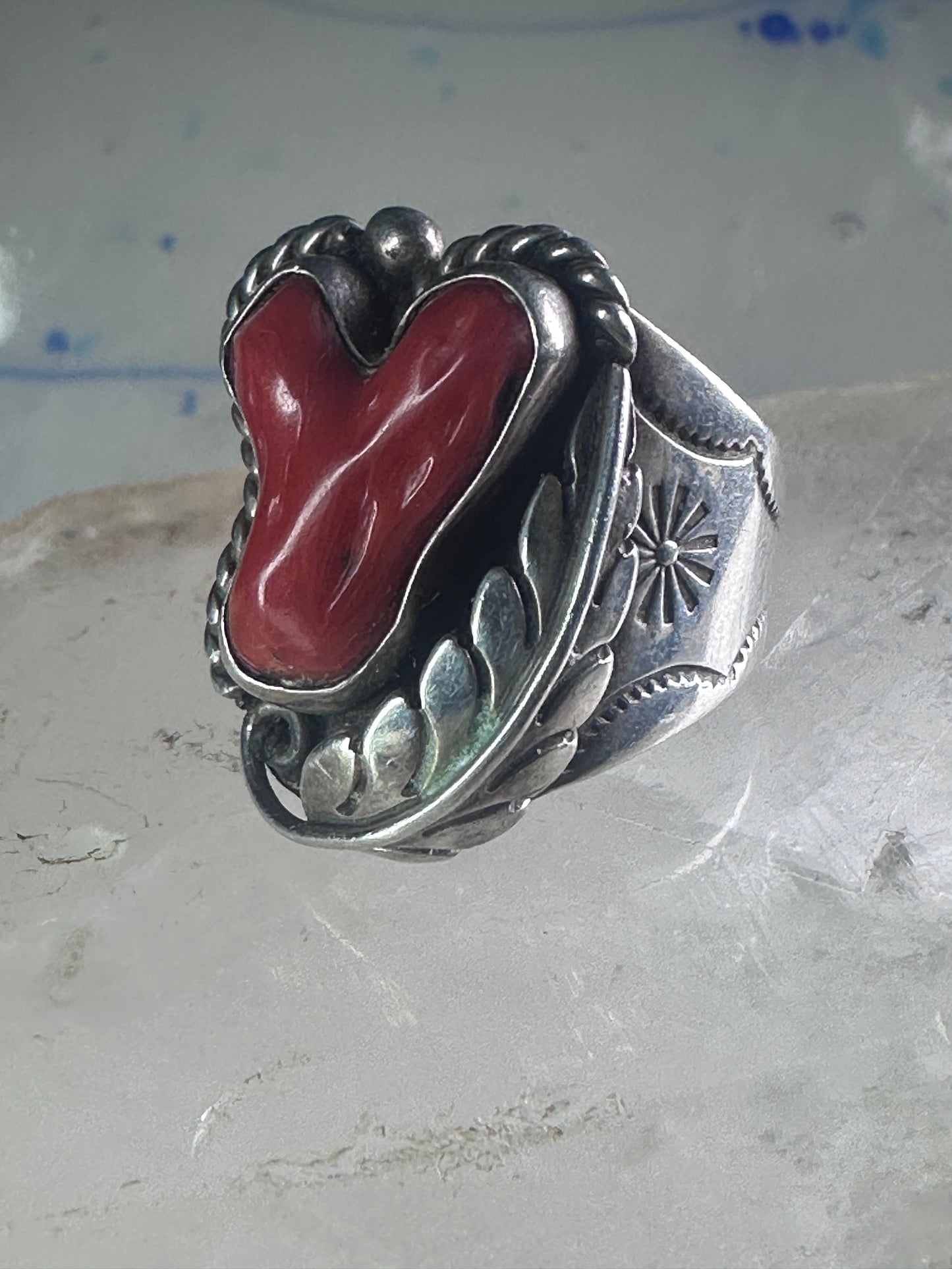 Navajo ring Coral band size 10.50 sterling silver stamping  women men