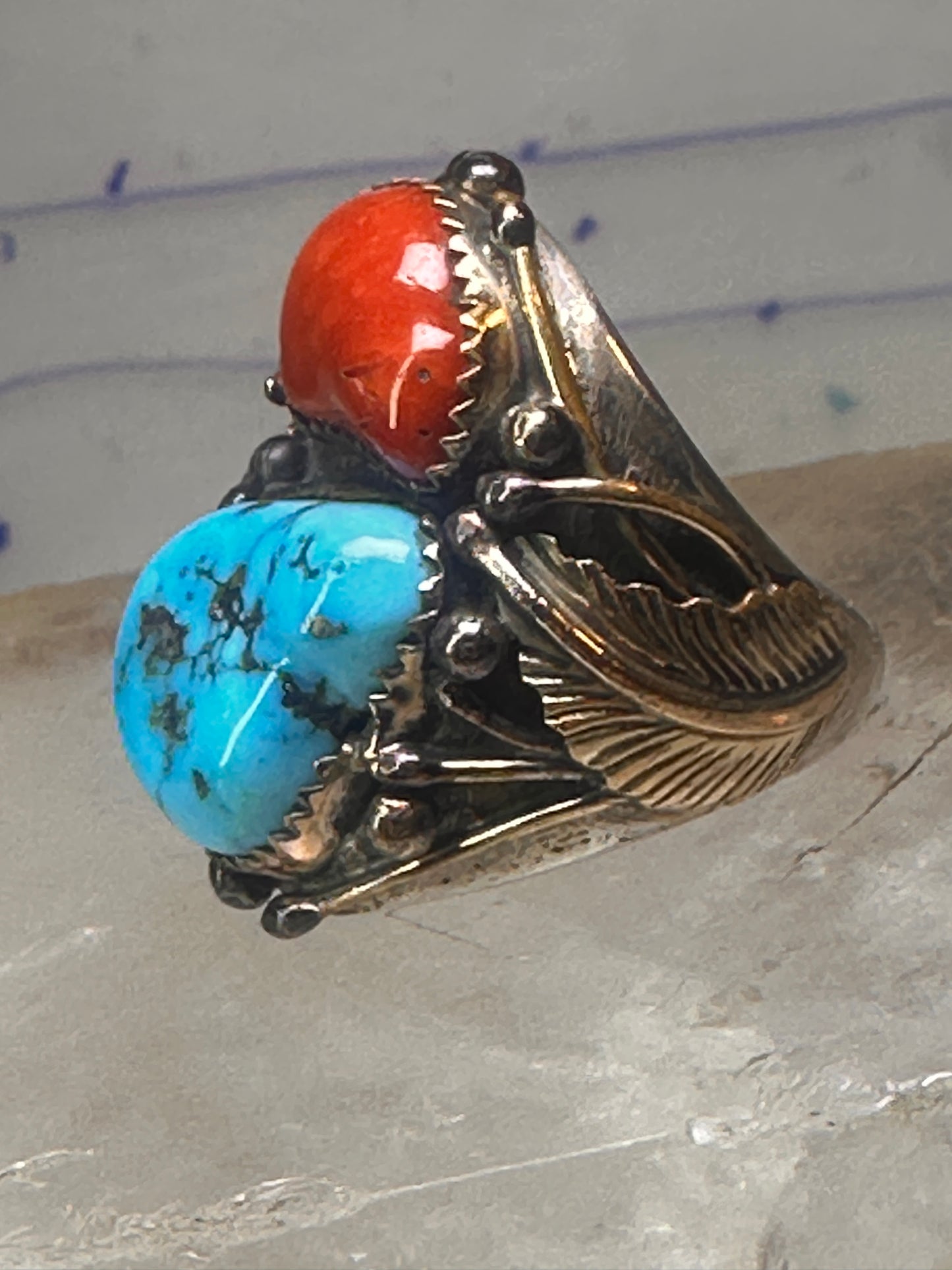 Navajo ring Turquoise coral ring Heavy Band Size 10.75 sterling silver women men