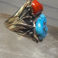 Navajo ring Turquoise coral ring Heavy Band Size 10.75 sterling silver women men