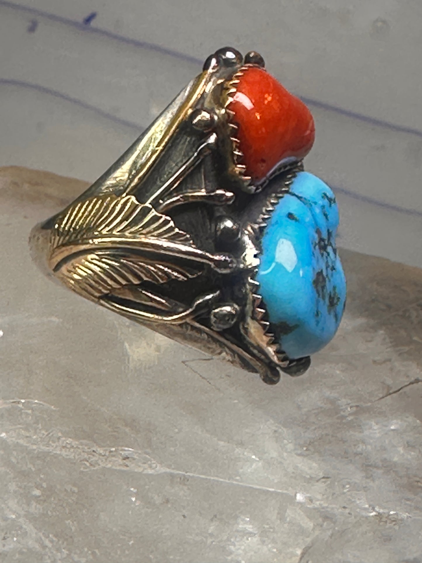 Navajo ring Turquoise coral ring Heavy Band Size 10.75 sterling silver women men