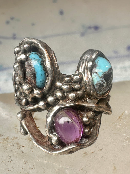 Vintage Sterling Silver Brutalist Turquoise Pink Sapphire Cluster Ring Size 8 9.6g 925