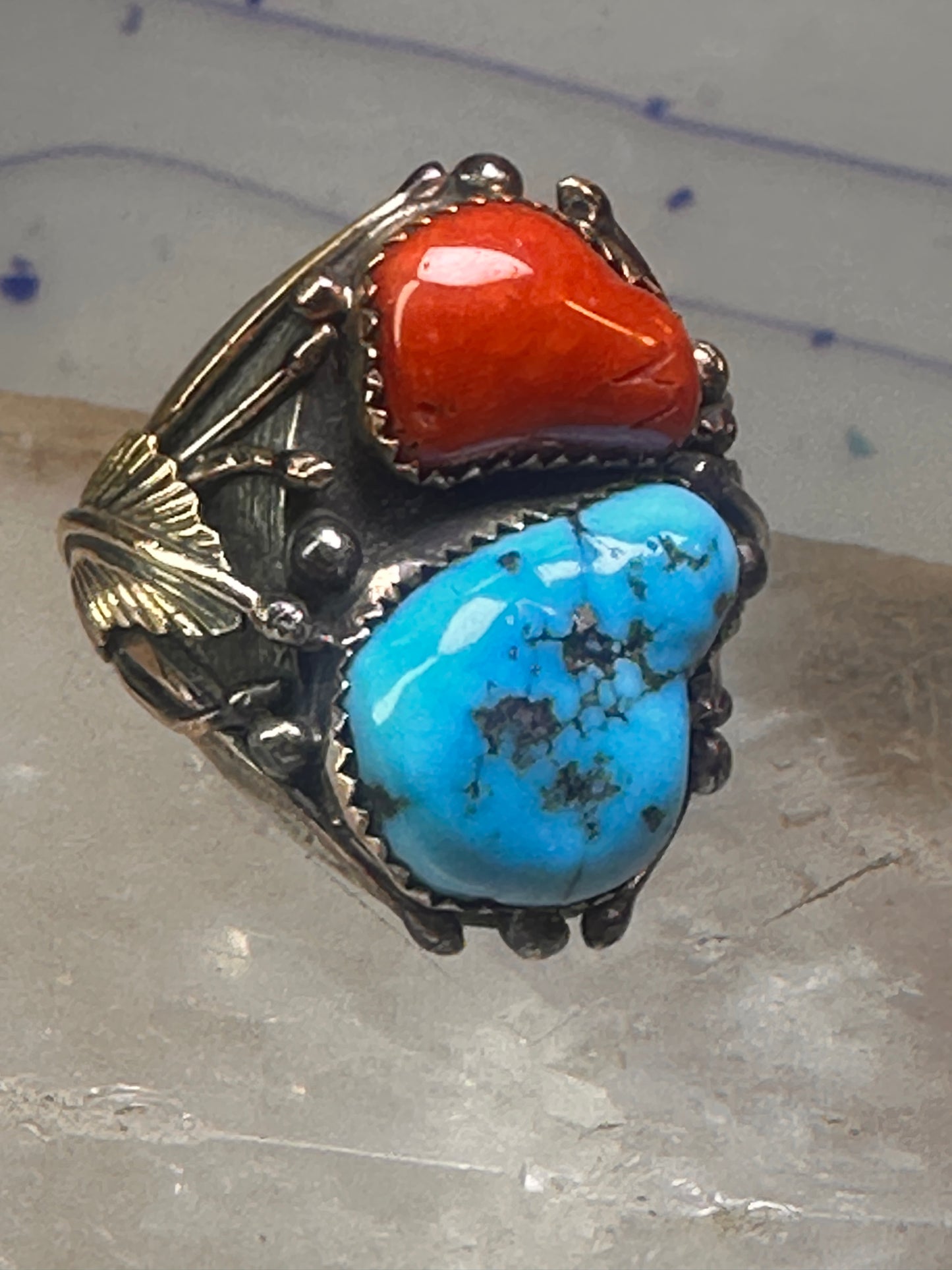 Navajo ring Turquoise coral ring Heavy Band Size 10.75 sterling silver women men