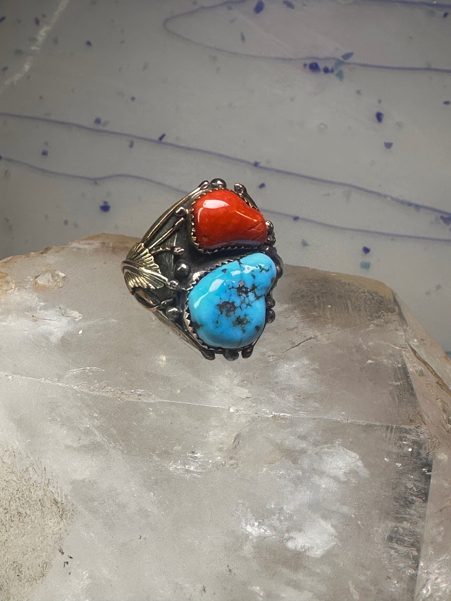 Navajo ring Turquoise coral ring Heavy Band Size 10.75 sterling silver women men
