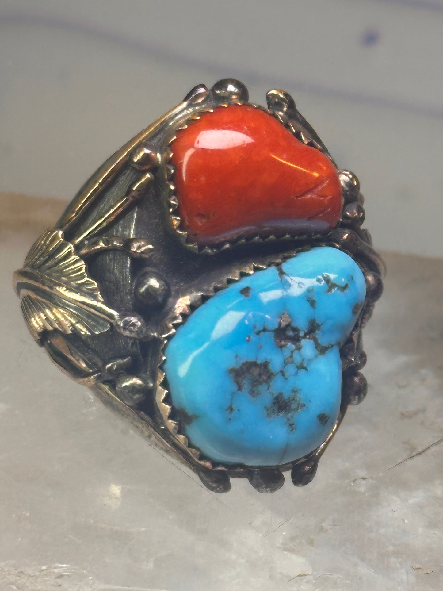 Navajo ring Turquoise coral ring Heavy Band Size 10.75 sterling silver women men