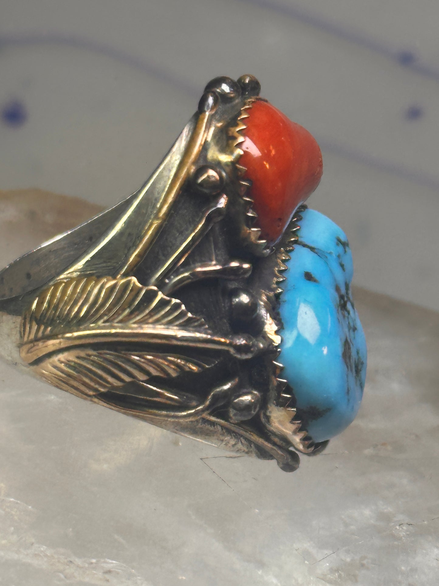 Navajo ring Turquoise coral ring Heavy Band Size 10.75 sterling silver women men