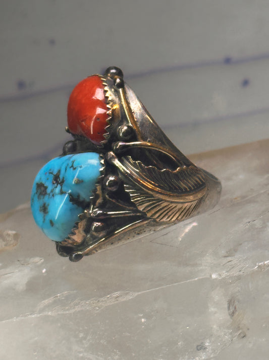 Navajo ring Turquoise coral ring Heavy Band Size 10.75 sterling silver women men