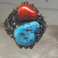 Navajo ring Turquoise coral ring Heavy Band Size 10.75 sterling silver women men