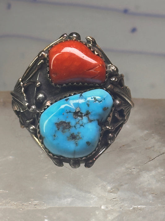 Navajo ring Turquoise coral ring Heavy Band Size 10.75 sterling silver women men