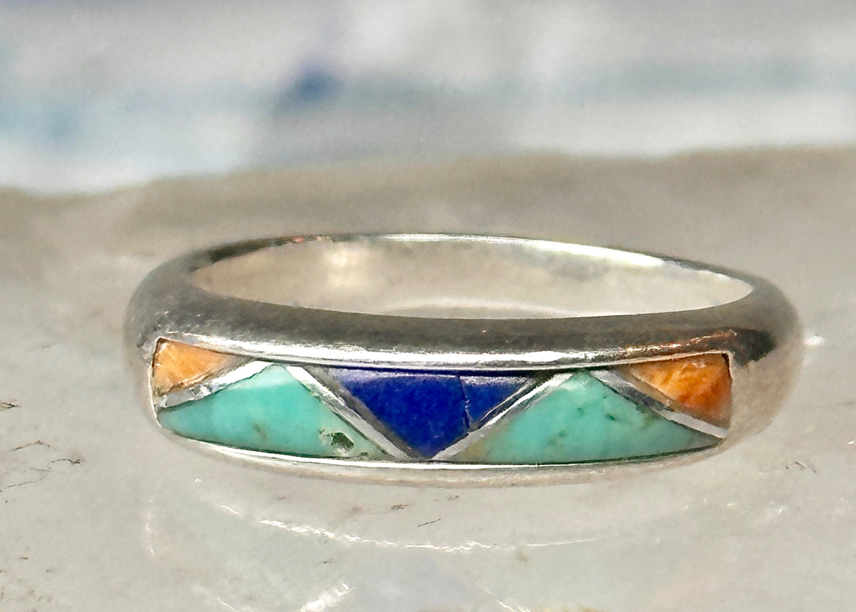 Vintage Carolyn Pollack Sterling Silver Multi Stone Mountain Inlay Southwestern Style Band Ring AS IS Size 5.75 3.2g 925