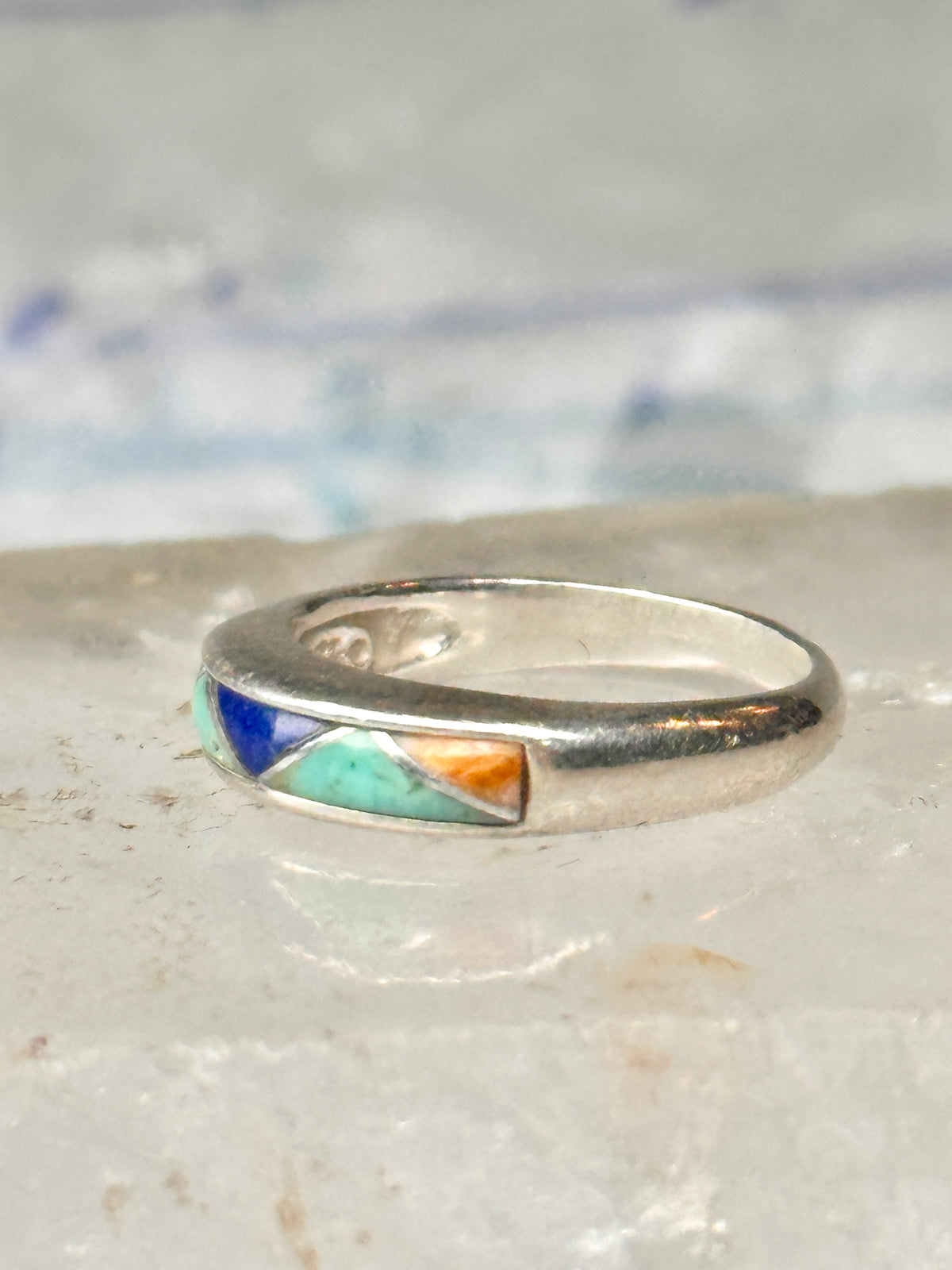 Vintage Carolyn Pollack Sterling Silver Multi Stone Mountain Inlay Southwestern Style Band Ring AS IS Size 5.75 3.2g 925