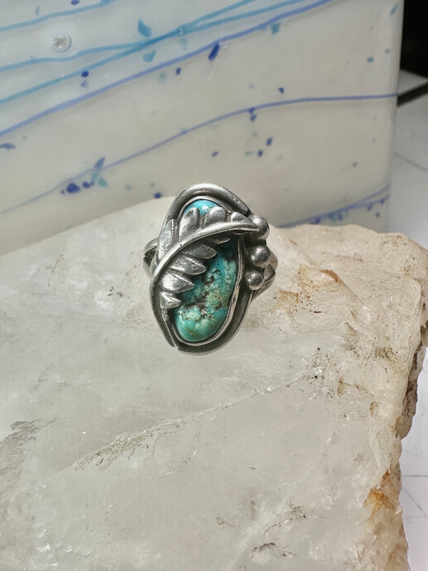 Turquoise ring Navajo leaf size 6.25 sterling silver women