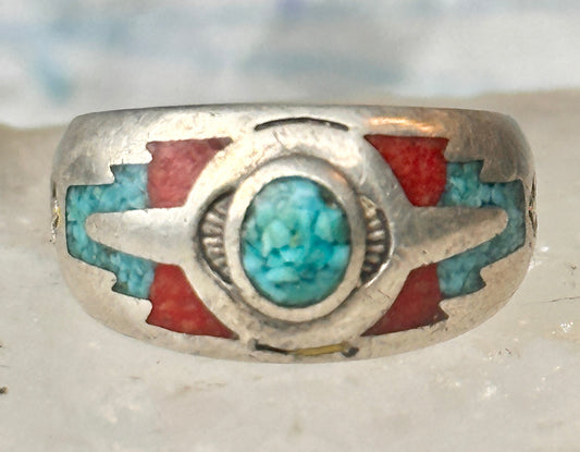 Vintage Teme Signed Sterling Silver Turquoise Coral Mosaic Inlay Peyote Bird Ring Size 6.50 6.3g 925
