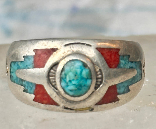 Vintage Teme Signed Sterling Silver Turquoise Coral Mosaic Inlay Peyote Bird Ring Size 6.50 6.3g 925