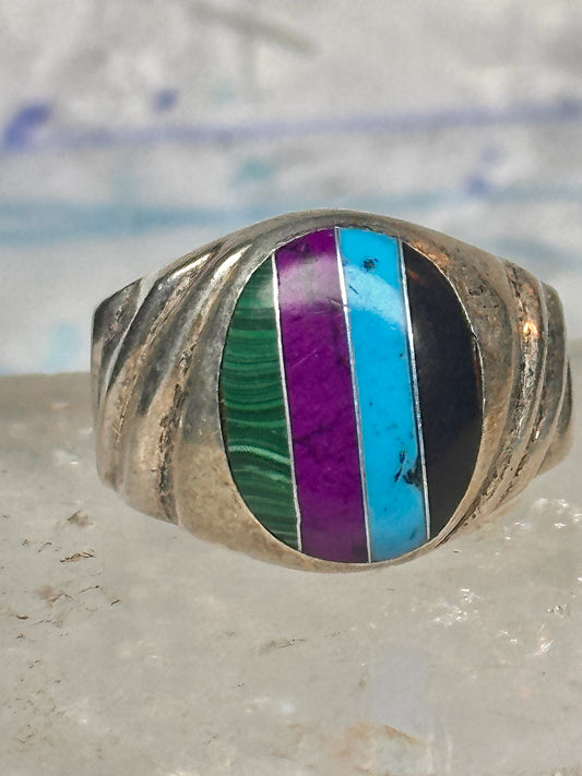 Vintage Mexico Sterling Silver Multi Stone Mosaic Inlay Cigar Band Ring Size 8.60 18.2g 925