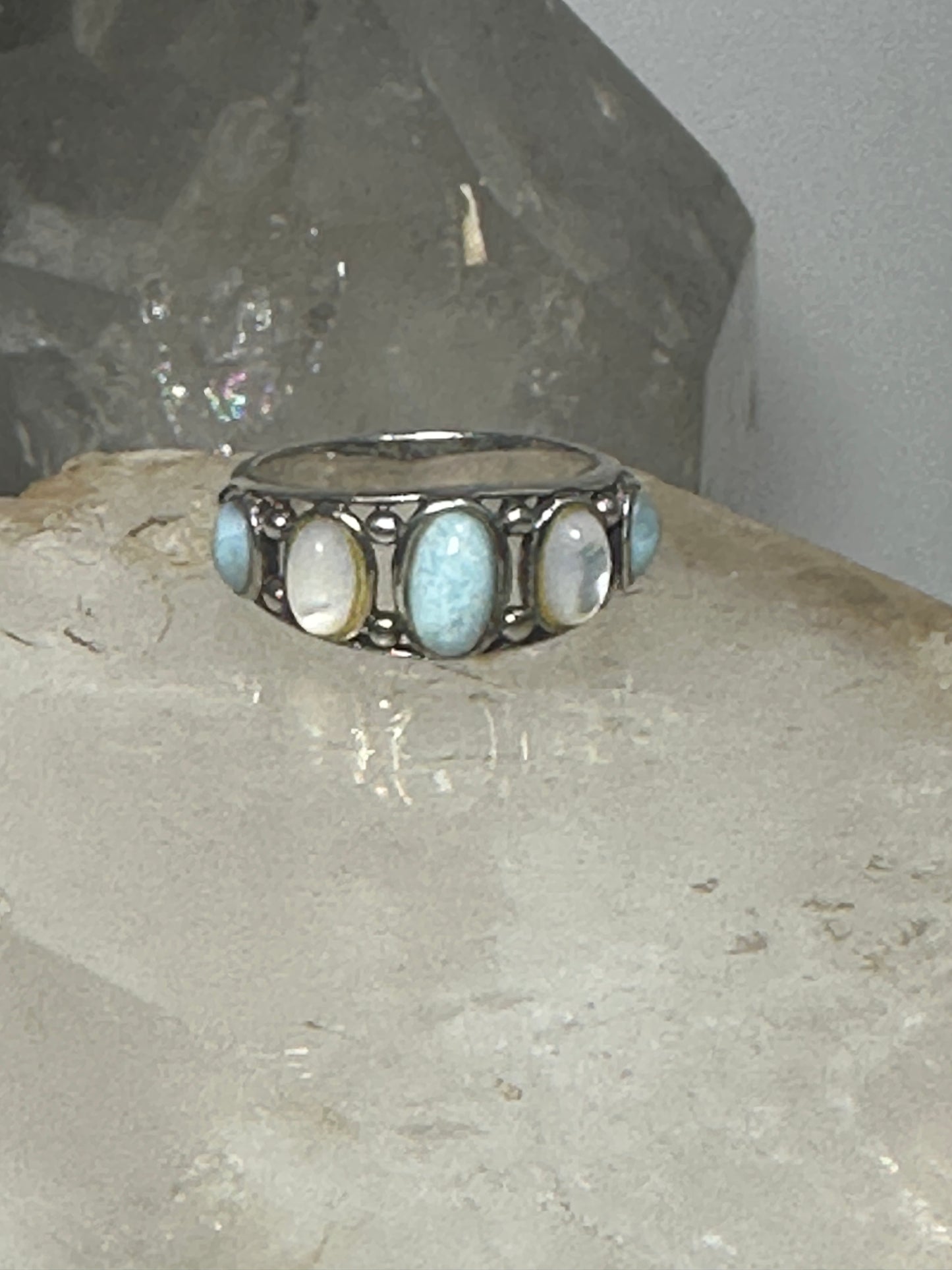 Larimar ring size 7 mop mother of pearl  sterling silver band women