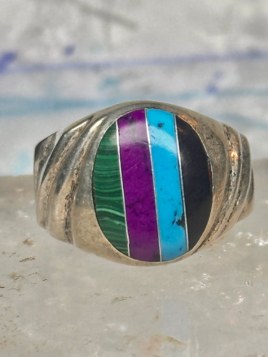 Vintage Mexico Sterling Silver Multi Stone Mosaic Inlay Cigar Band Ring Size 8.60 18.2g 925