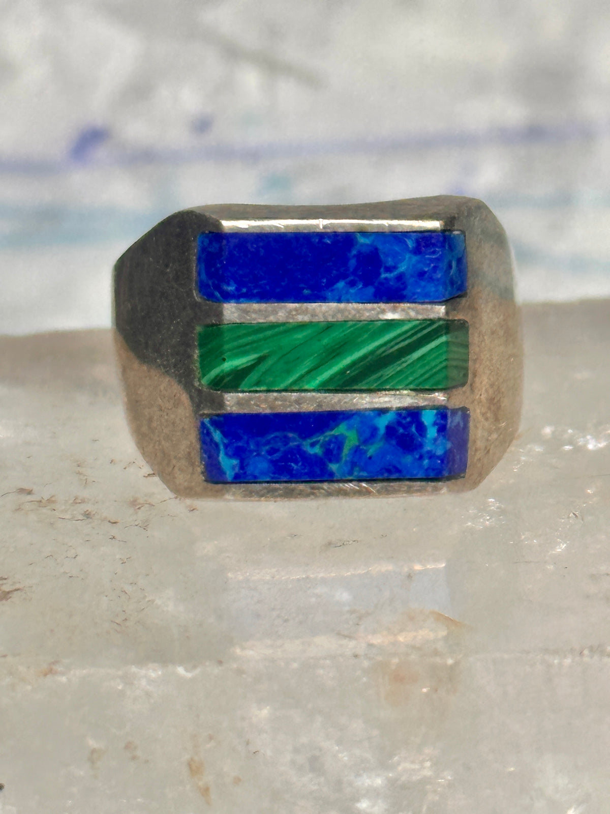 Vintage Mexico Sterling Silver Malachite Azurite Inlay Signet Ring Size 11 14.4g 925