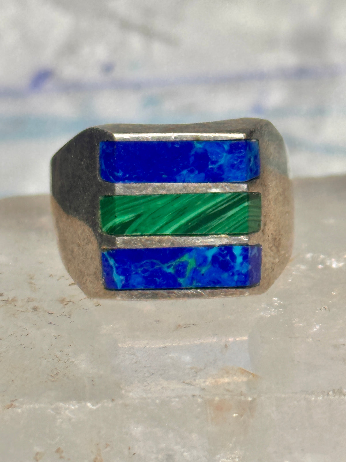 Vintage Mexico Sterling Silver Malachite Azurite Inlay Signet Ring Size 11 14.4g 925