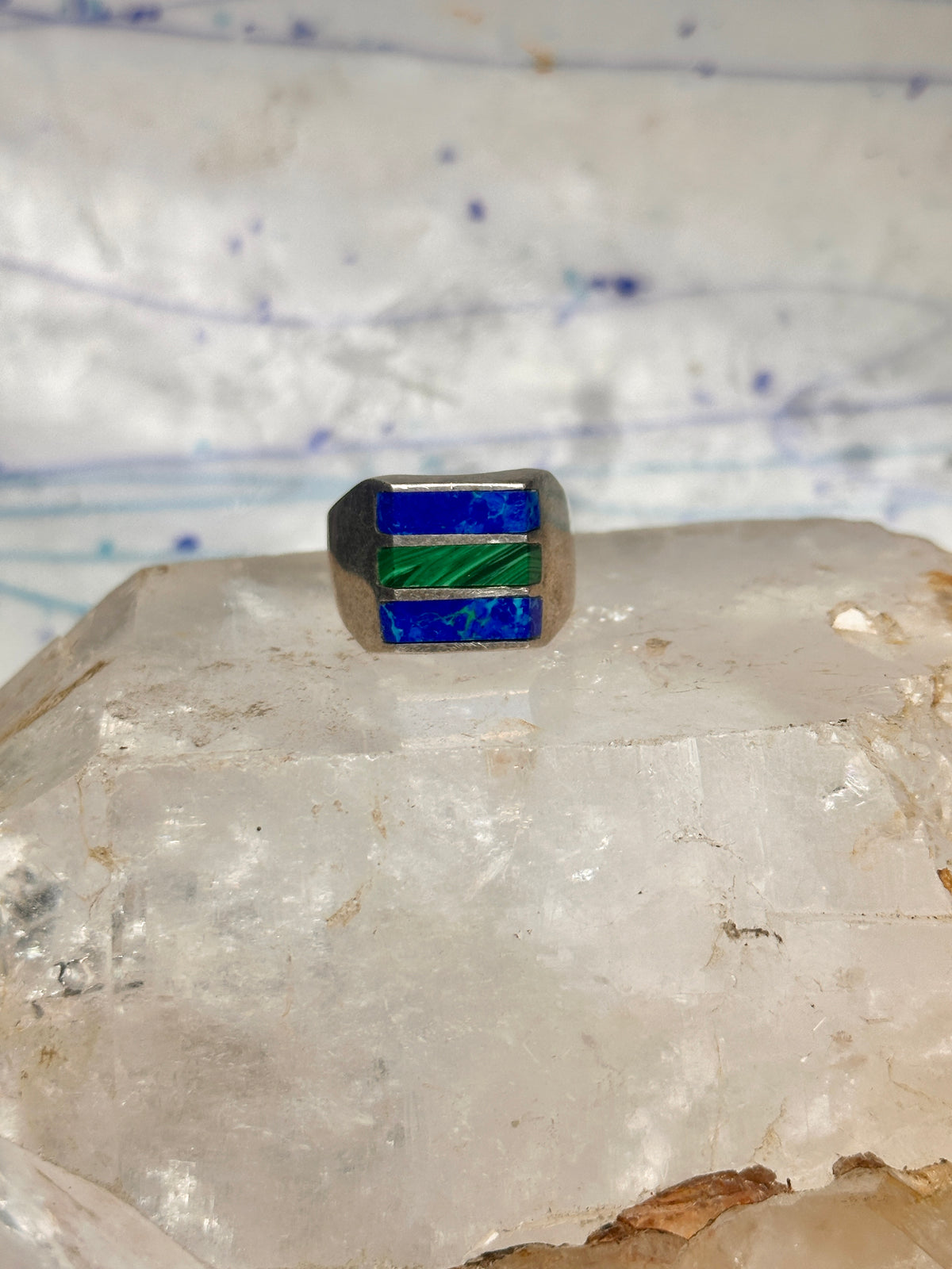 Vintage Mexico Sterling Silver Malachite Azurite Inlay Signet Ring Size 11 14.4g 925