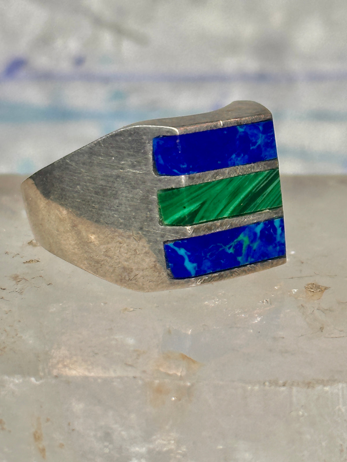 Vintage Mexico Sterling Silver Malachite Azurite Inlay Signet Ring Size 11 14.4g 925