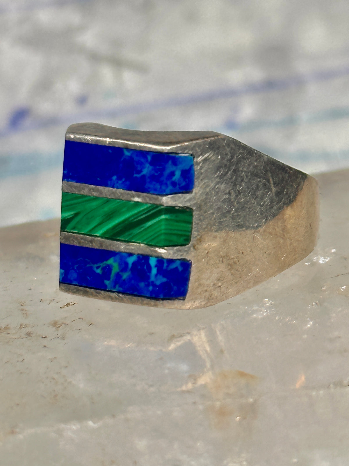 Vintage Mexico Sterling Silver Malachite Azurite Inlay Signet Ring Size 11 14.4g 925