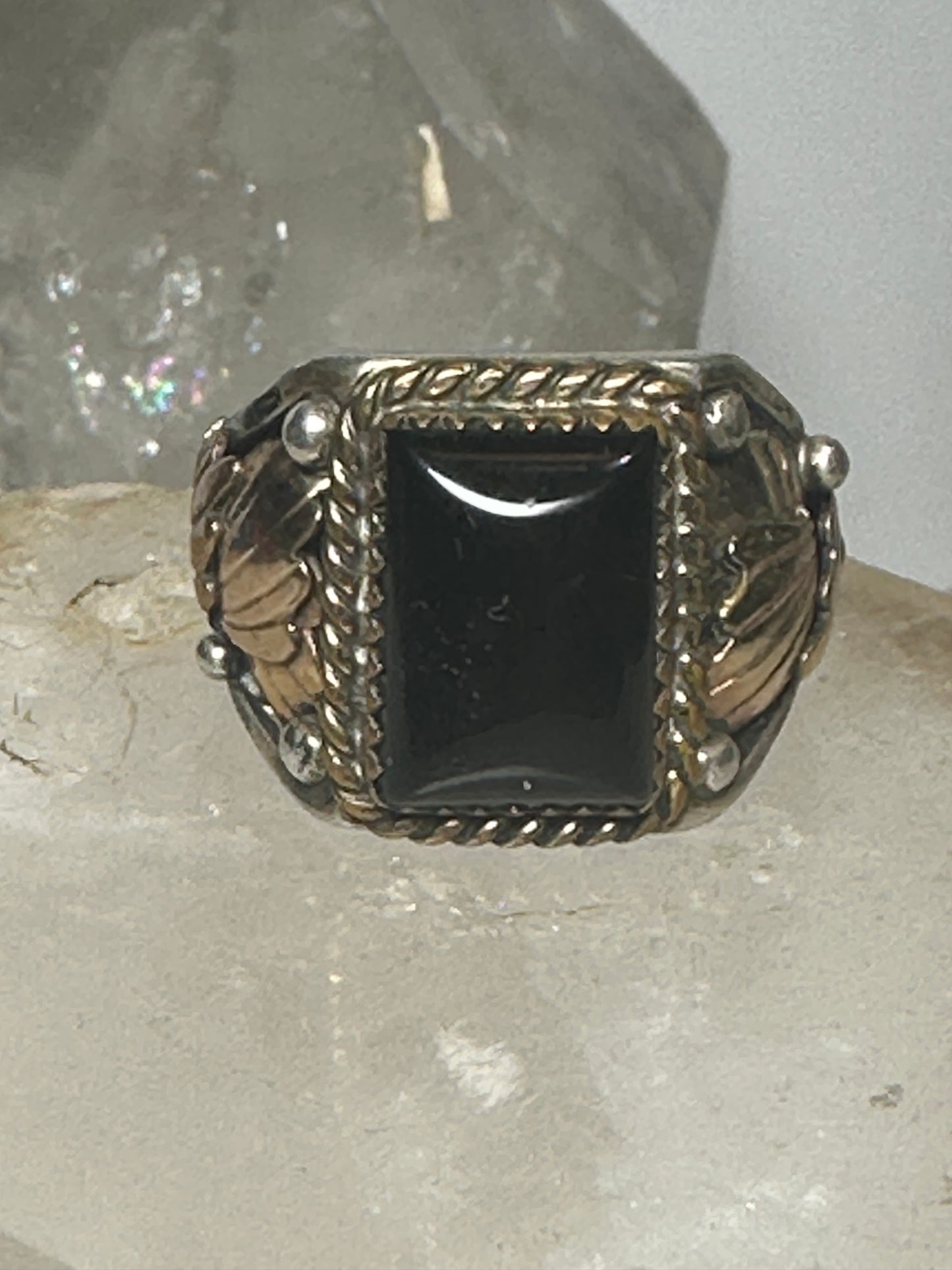 Onyx ring size 10 Carolyn Pollack sterling silver leaves band women men