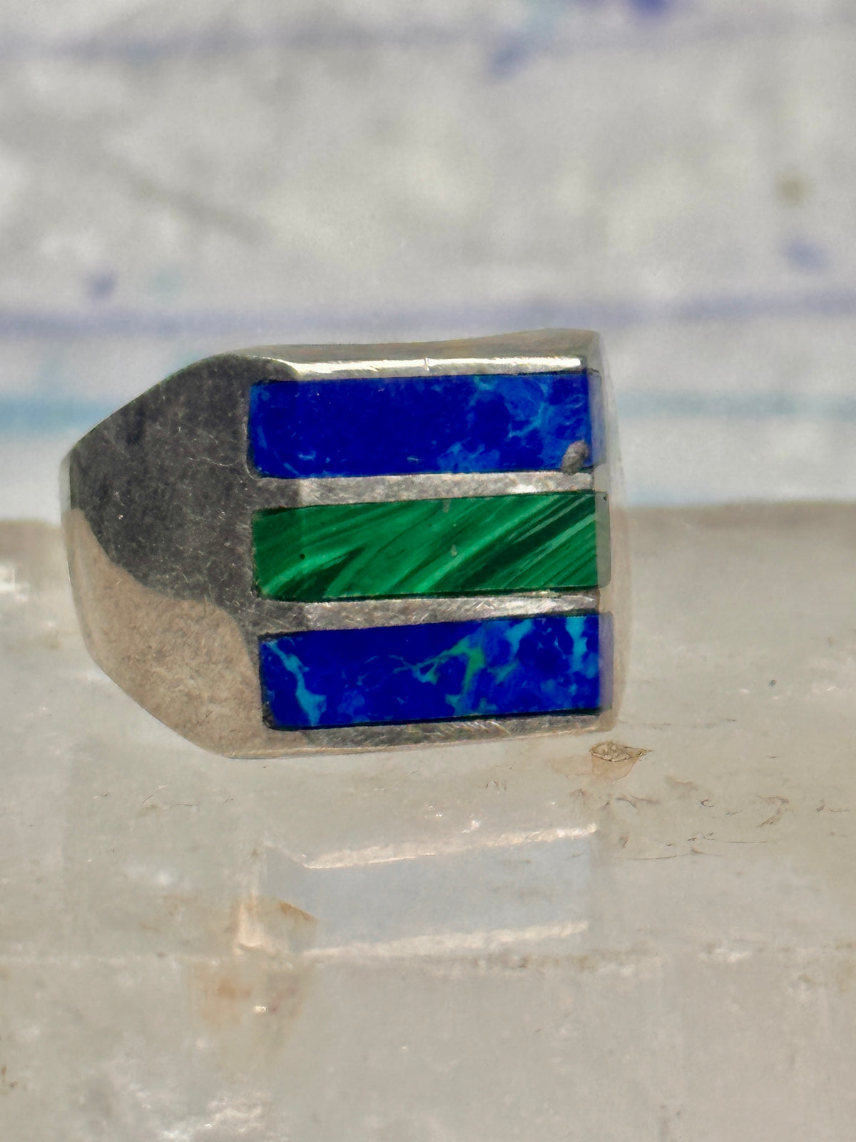 Vintage Mexico Sterling Silver Malachite Azurite Inlay Signet Ring Size 11 14.4g 925