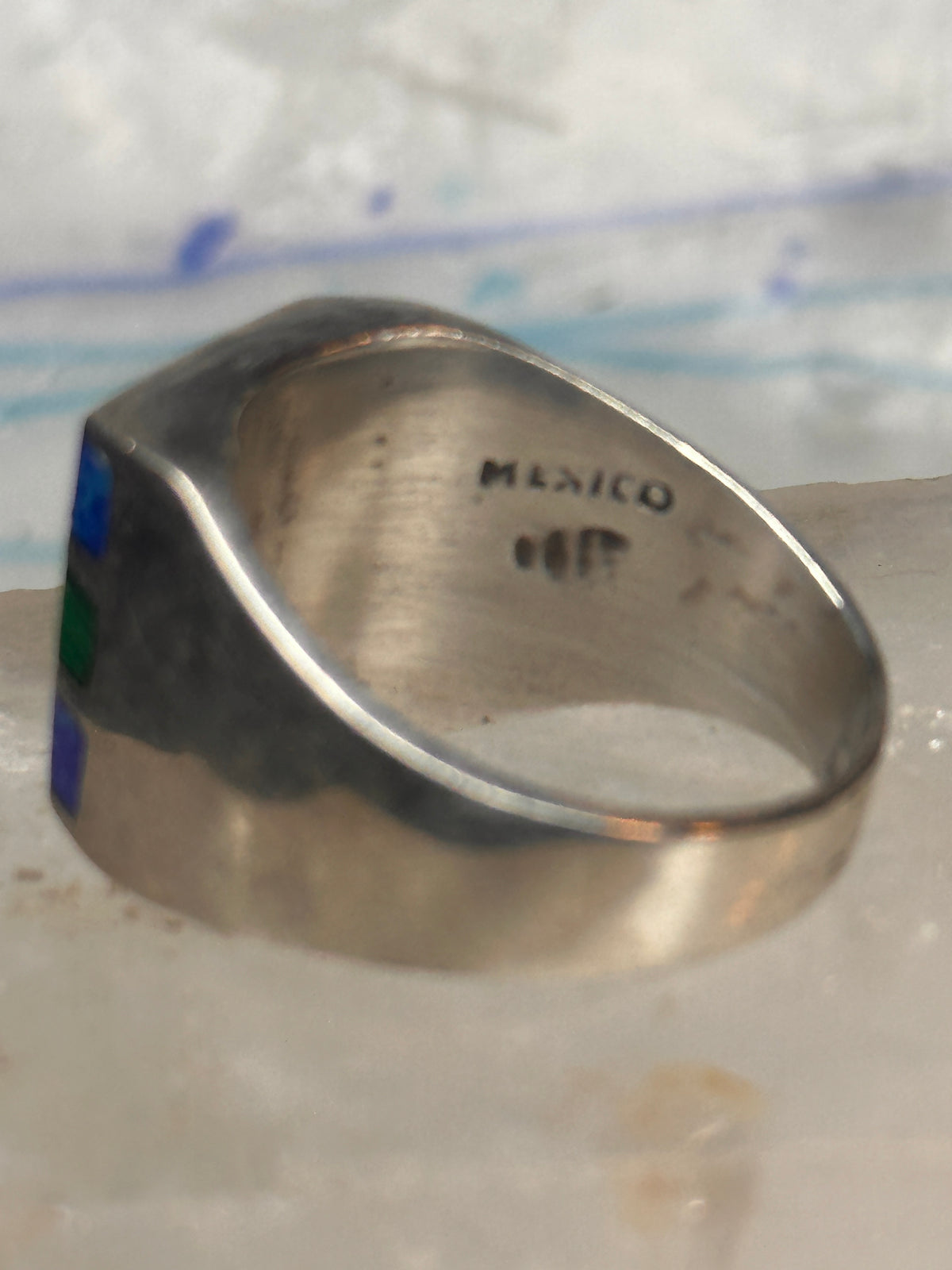 Vintage Mexico Sterling Silver Malachite Azurite Inlay Signet Ring Size 11 14.4g 925