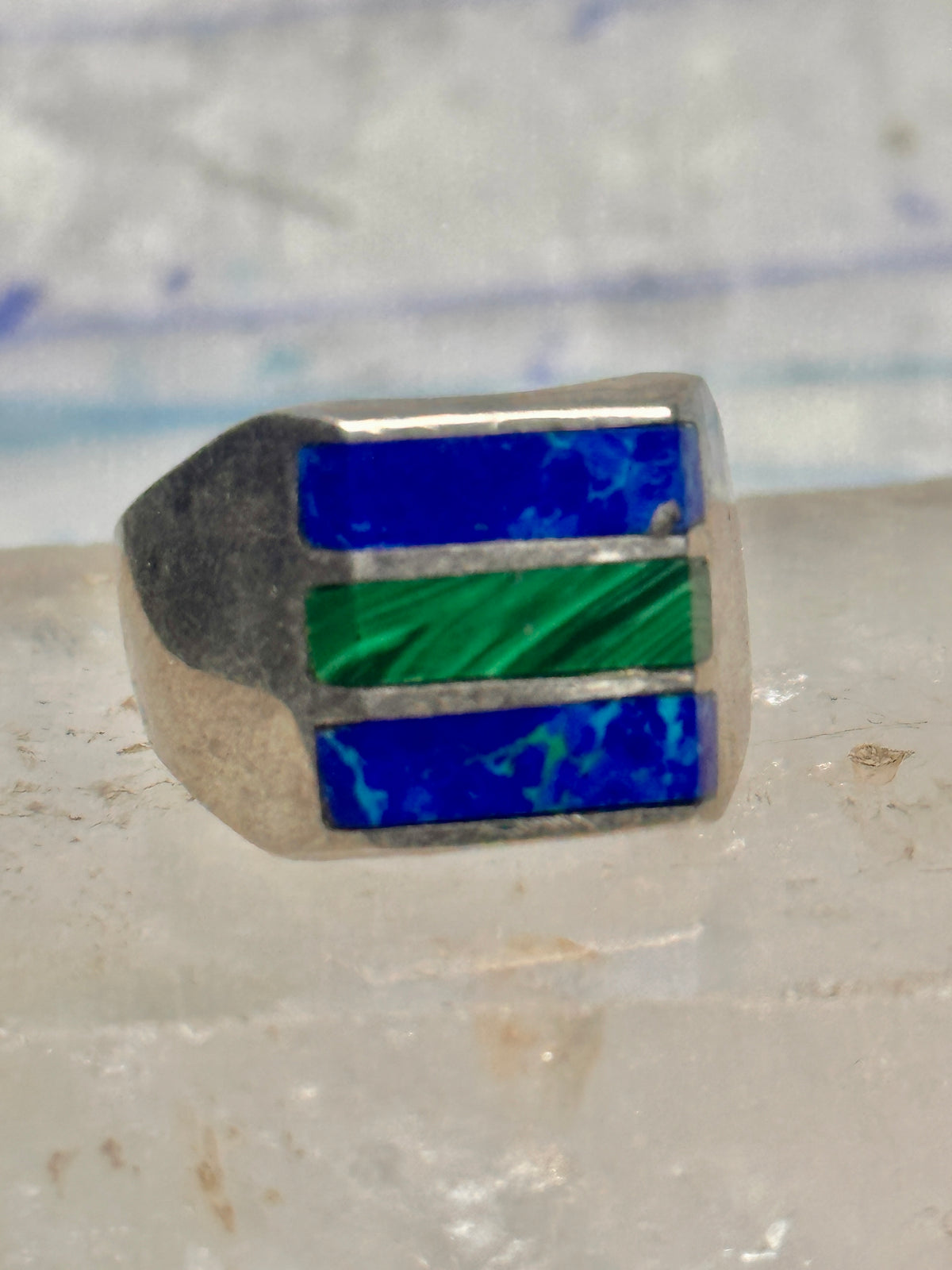 Vintage Mexico Sterling Silver Malachite Azurite Inlay Signet Ring Size 11 14.4g 925