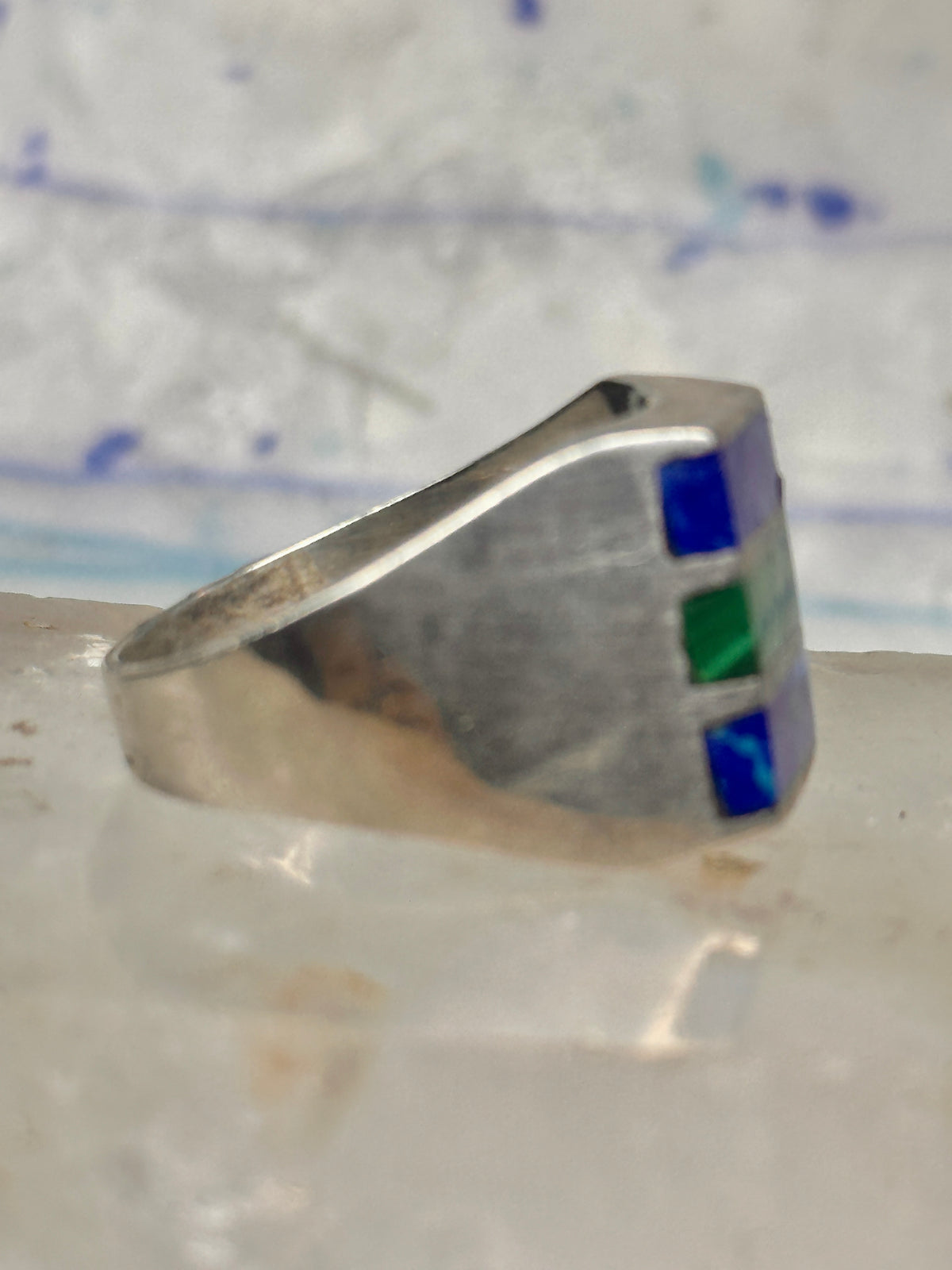 Vintage Mexico Sterling Silver Malachite Azurite Inlay Signet Ring Size 11 14.4g 925