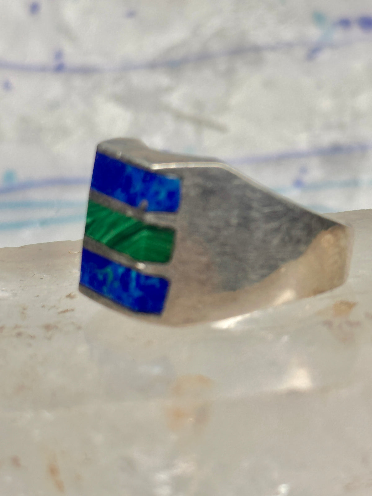 Vintage Mexico Sterling Silver Malachite Azurite Inlay Signet Ring Size 11 14.4g 925