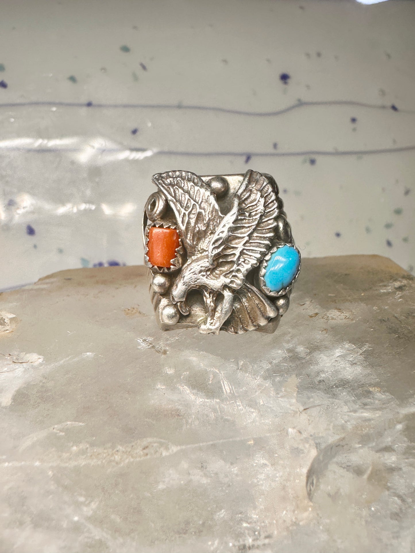 Eagle ring turquoise coral southwest band band Size 10.5 sterling silver women men