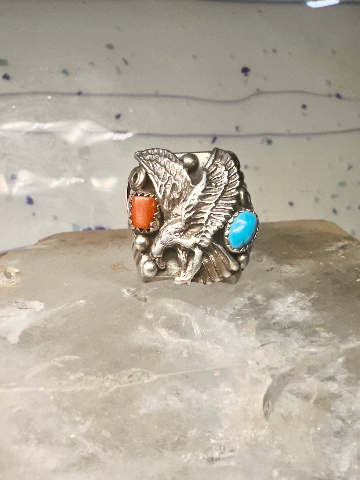 Eagle ring turquoise coral southwest band band Size 10.5 sterling silver women men