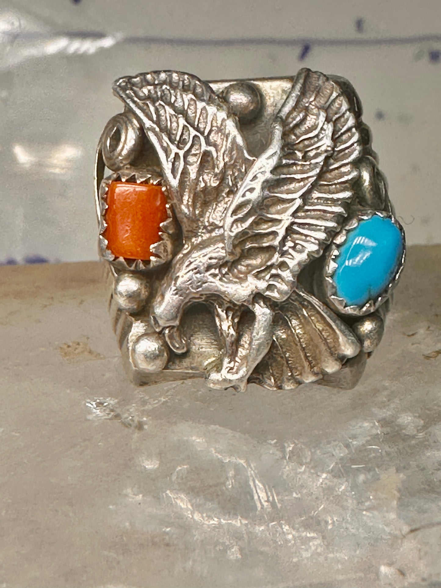 Eagle ring turquoise coral southwest band band Size 10.5 sterling silver women men