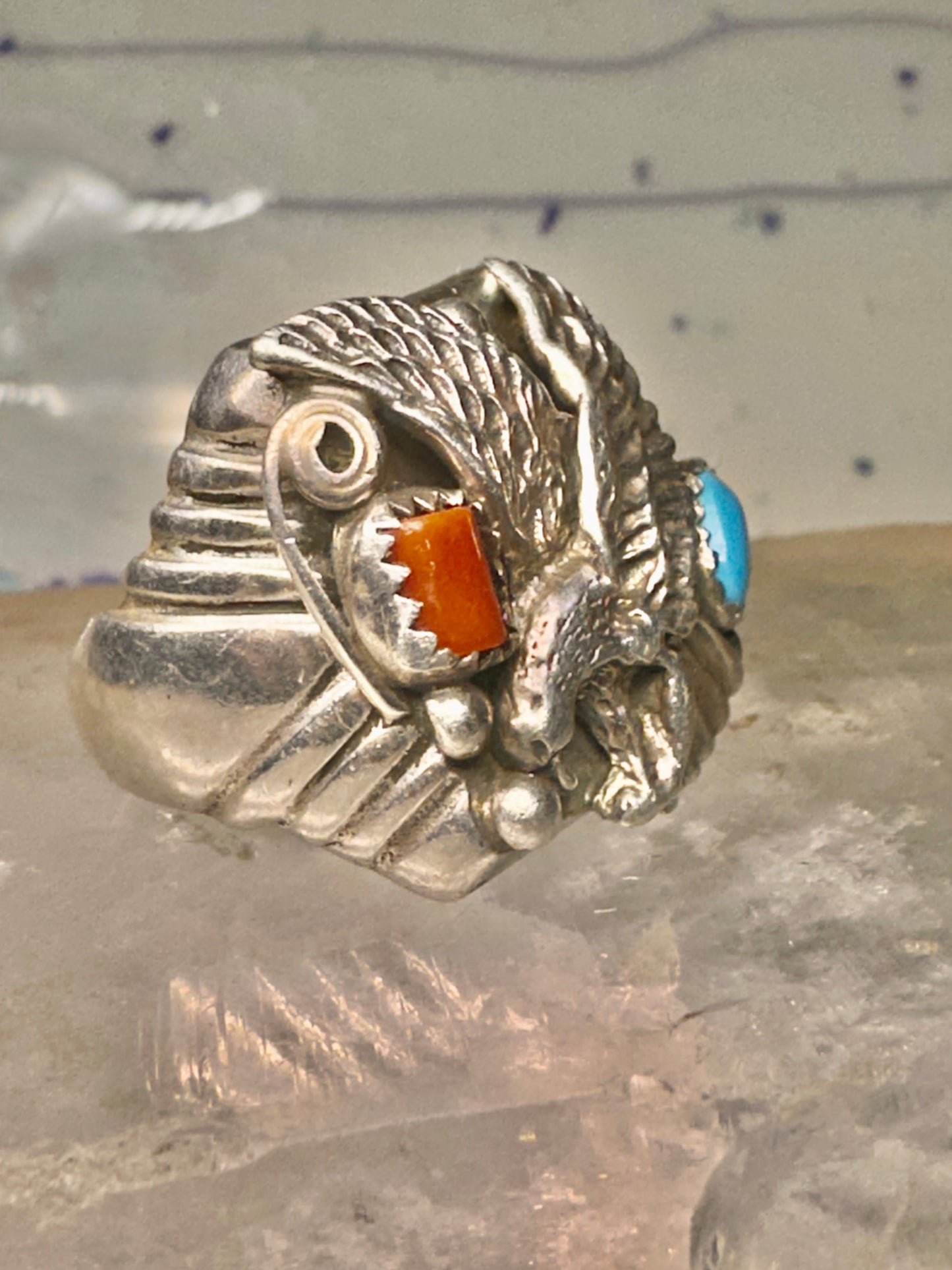 Eagle ring turquoise coral southwest band band Size 10.5 sterling silver women men