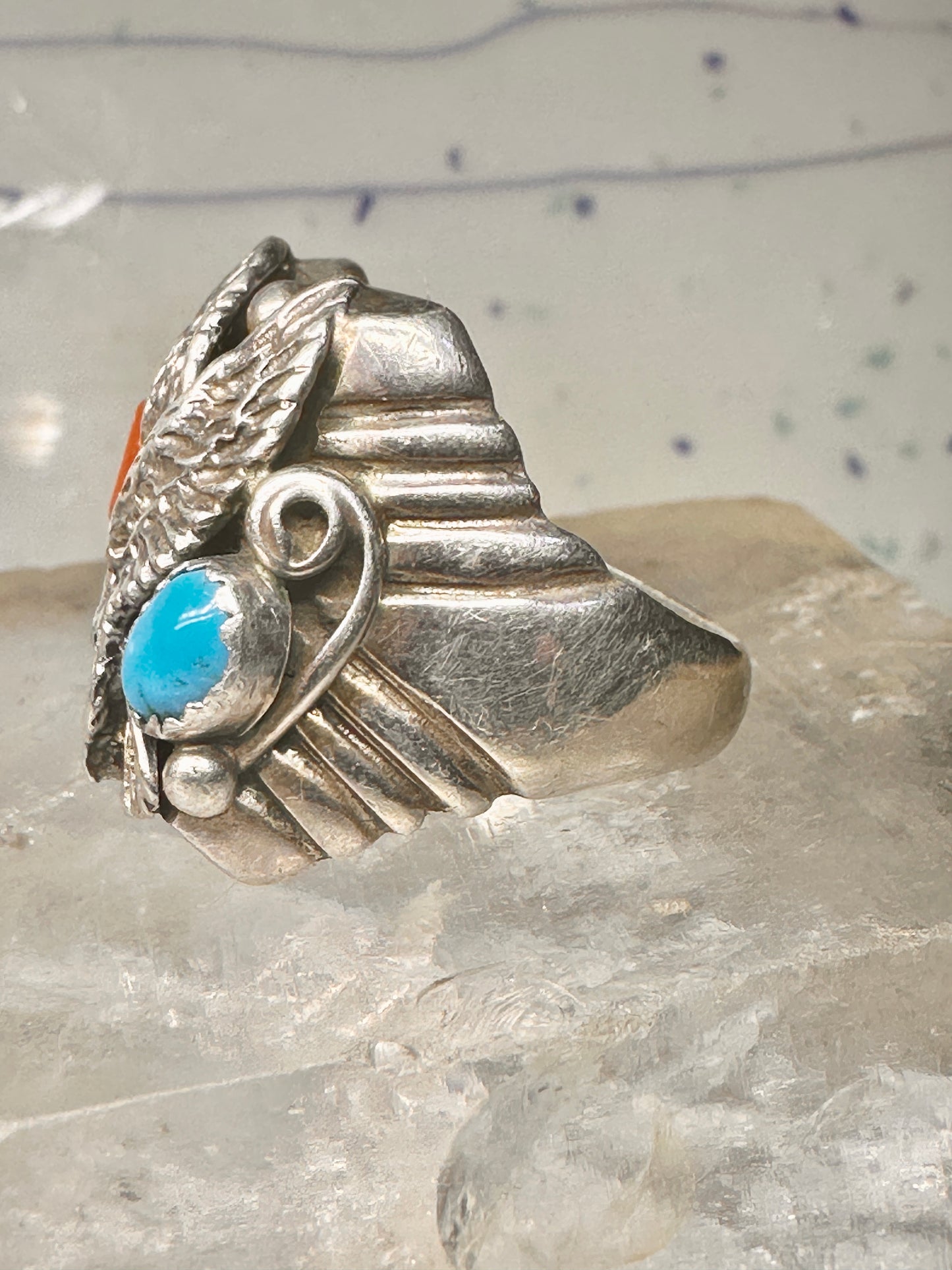 Eagle ring turquoise coral southwest band band Size 10.5 sterling silver women men