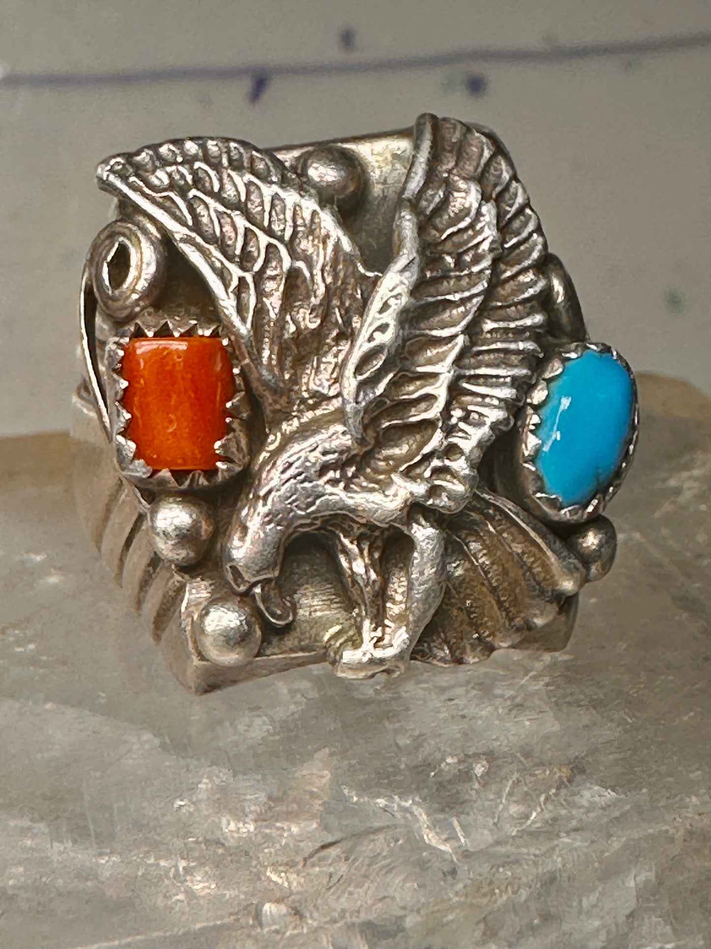 Eagle ring turquoise coral southwest band band Size 10.5 sterling silver women men