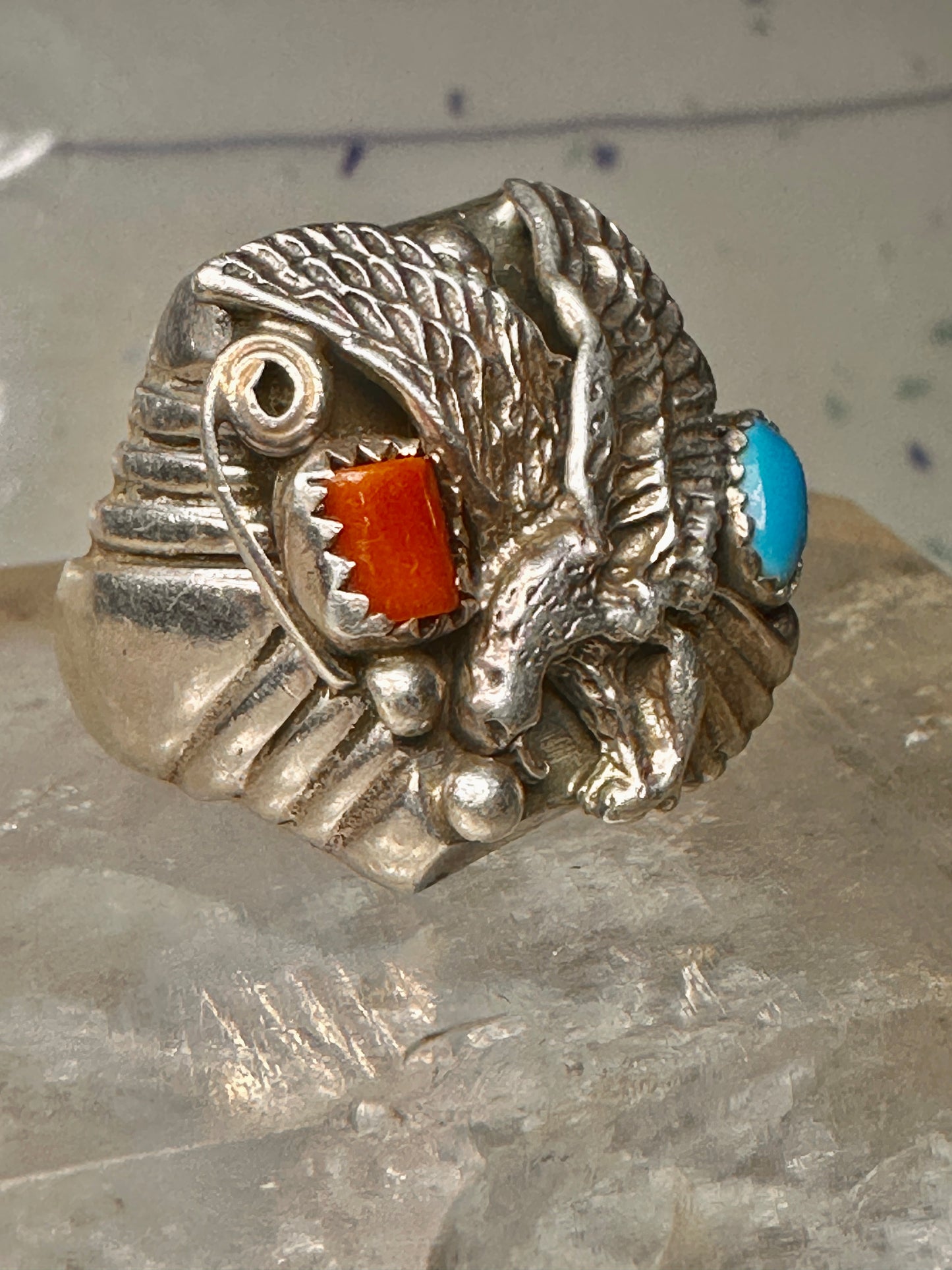 Eagle ring turquoise coral southwest band band Size 10.5 sterling silver women men