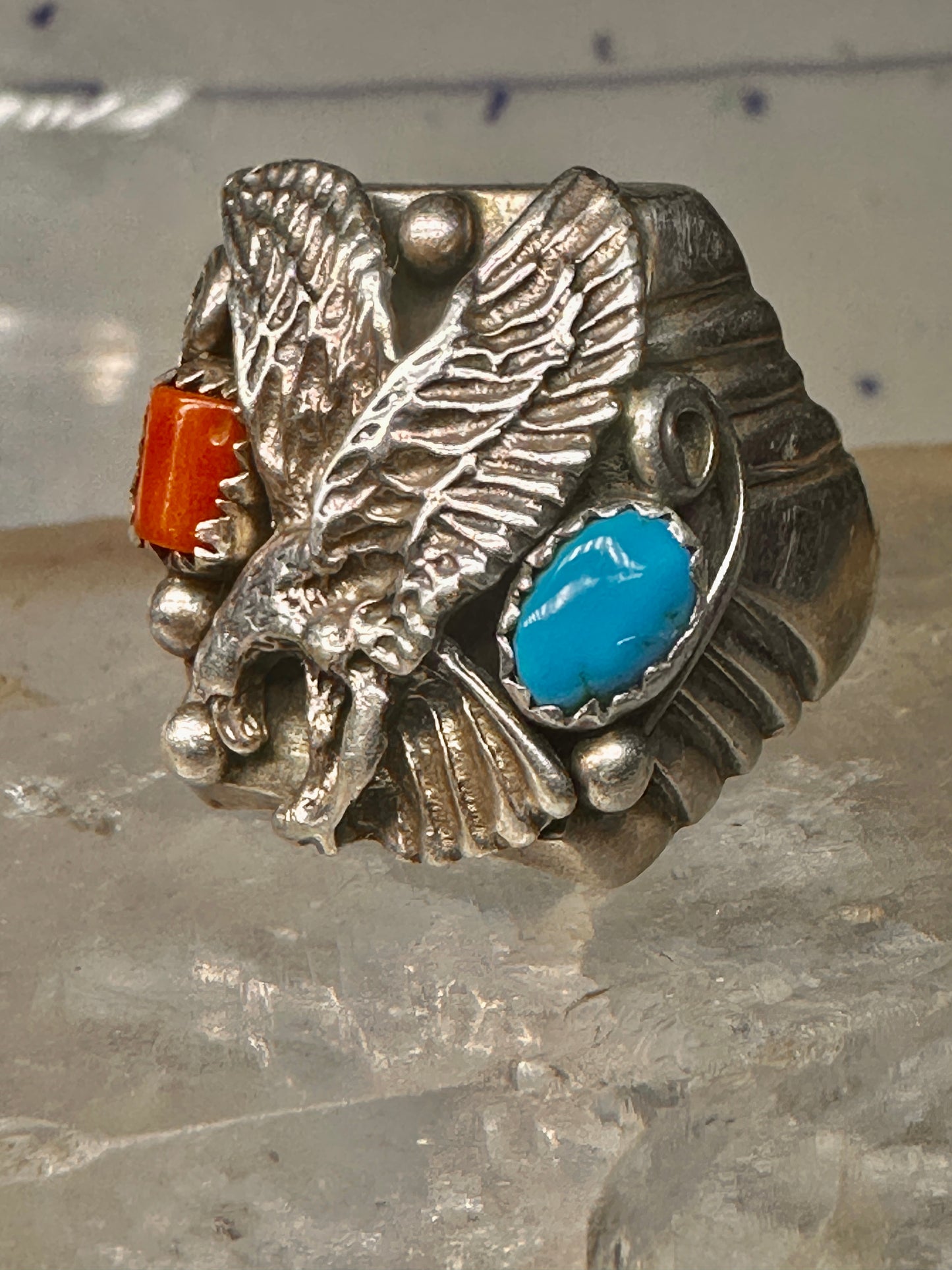 Eagle ring turquoise coral southwest band band Size 10.5 sterling silver women men