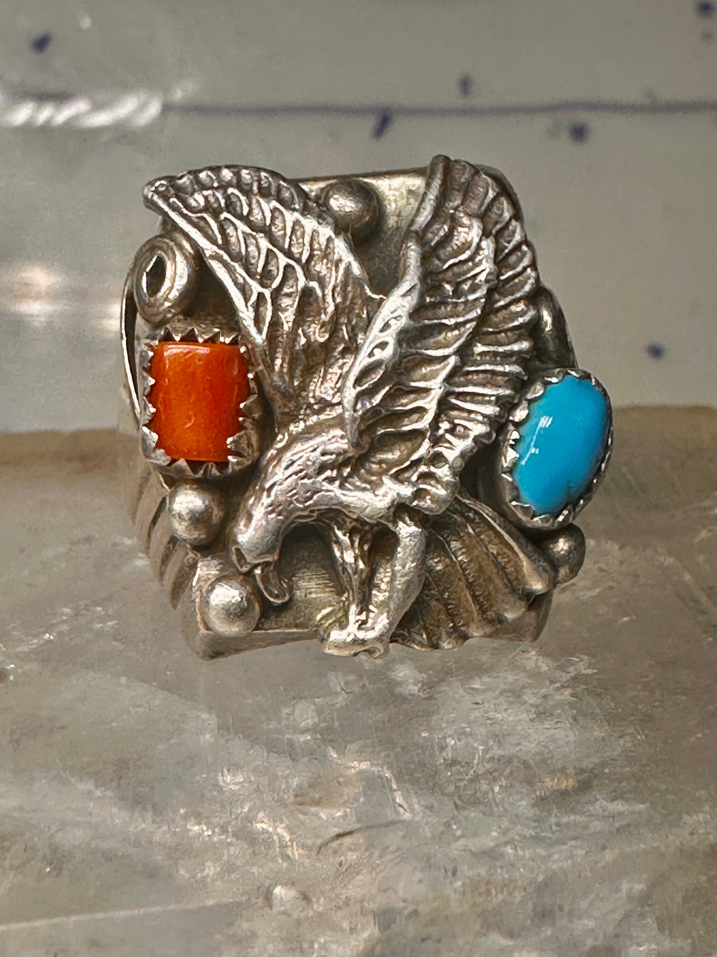 Eagle ring turquoise coral southwest band band Size 10.5 sterling silver women men