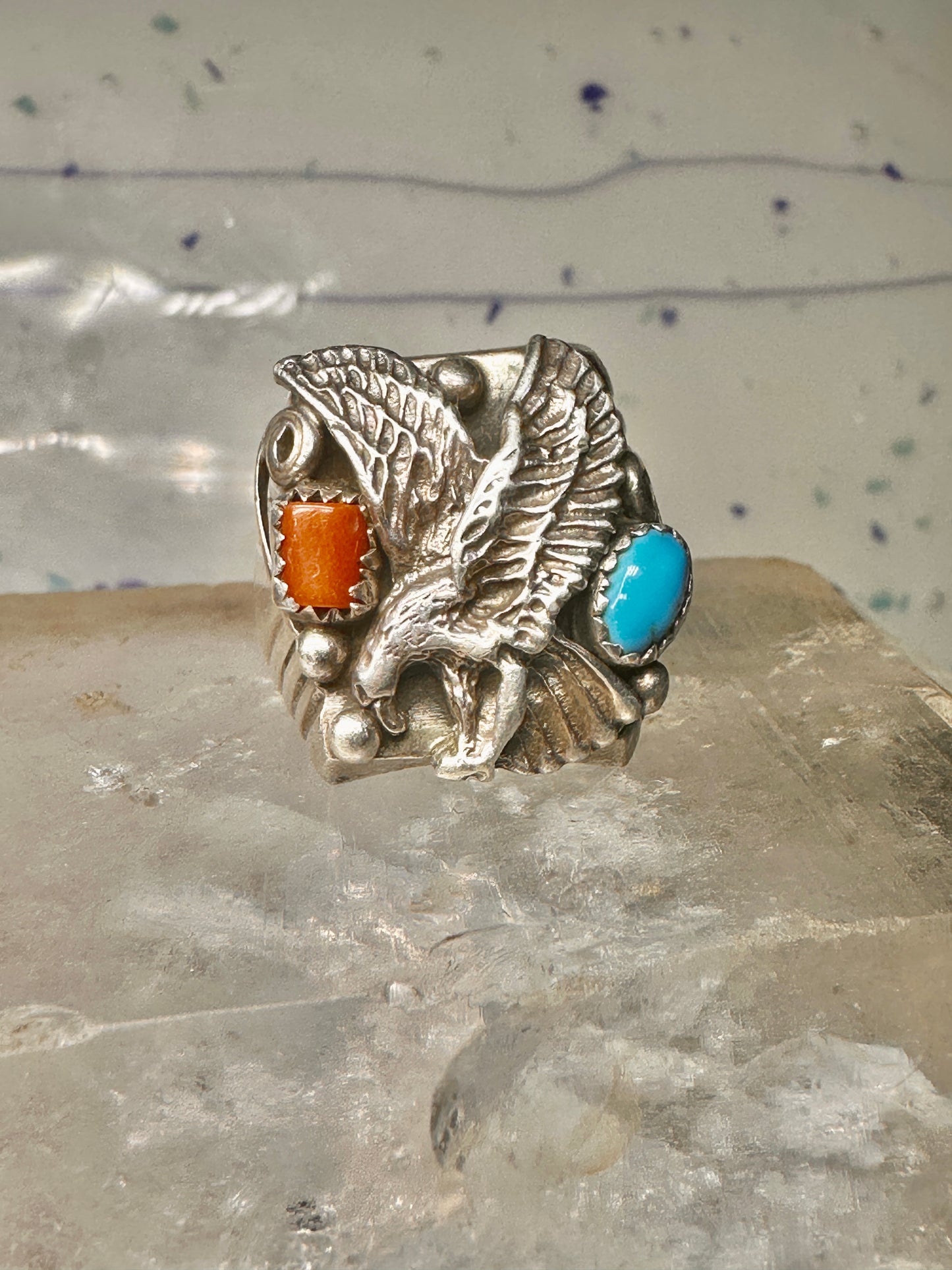 Eagle ring turquoise coral southwest band band Size 10.5 sterling silver women men