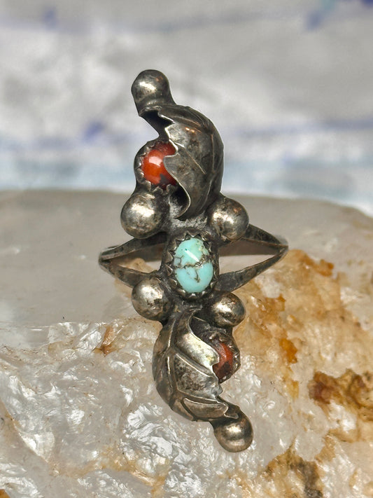 Vintage Sterling Silver Turquoise Coral Leaf Cluster Split Shank Ring Size 6 4.5g 925