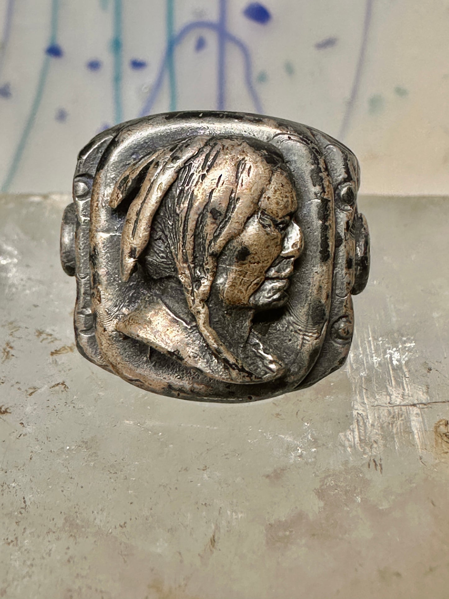 Native American face old ring size 7 sterling silver women men signed sterling hard to read