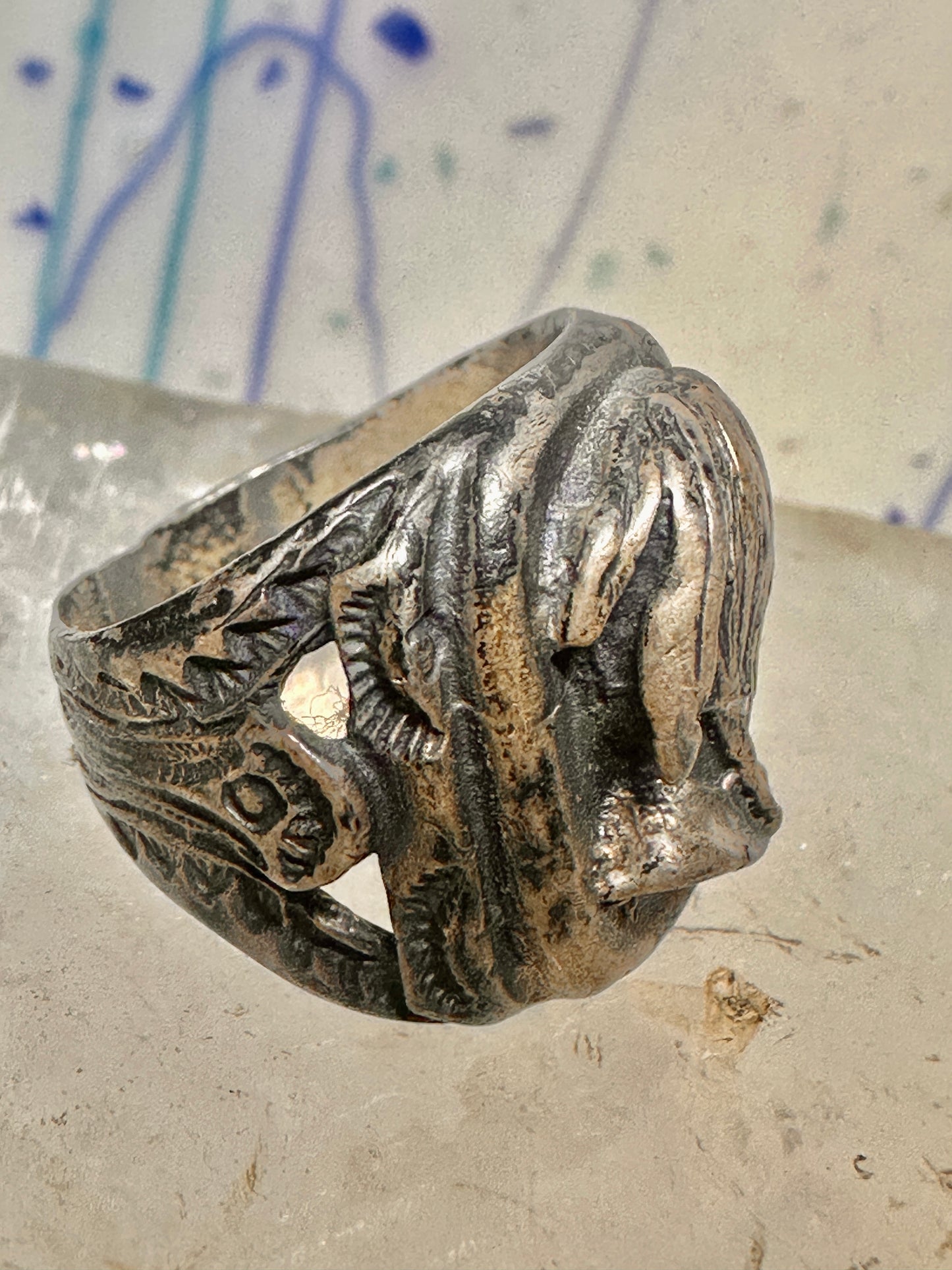 Native American face old ring size 7 sterling silver women men signed sterling hard to read