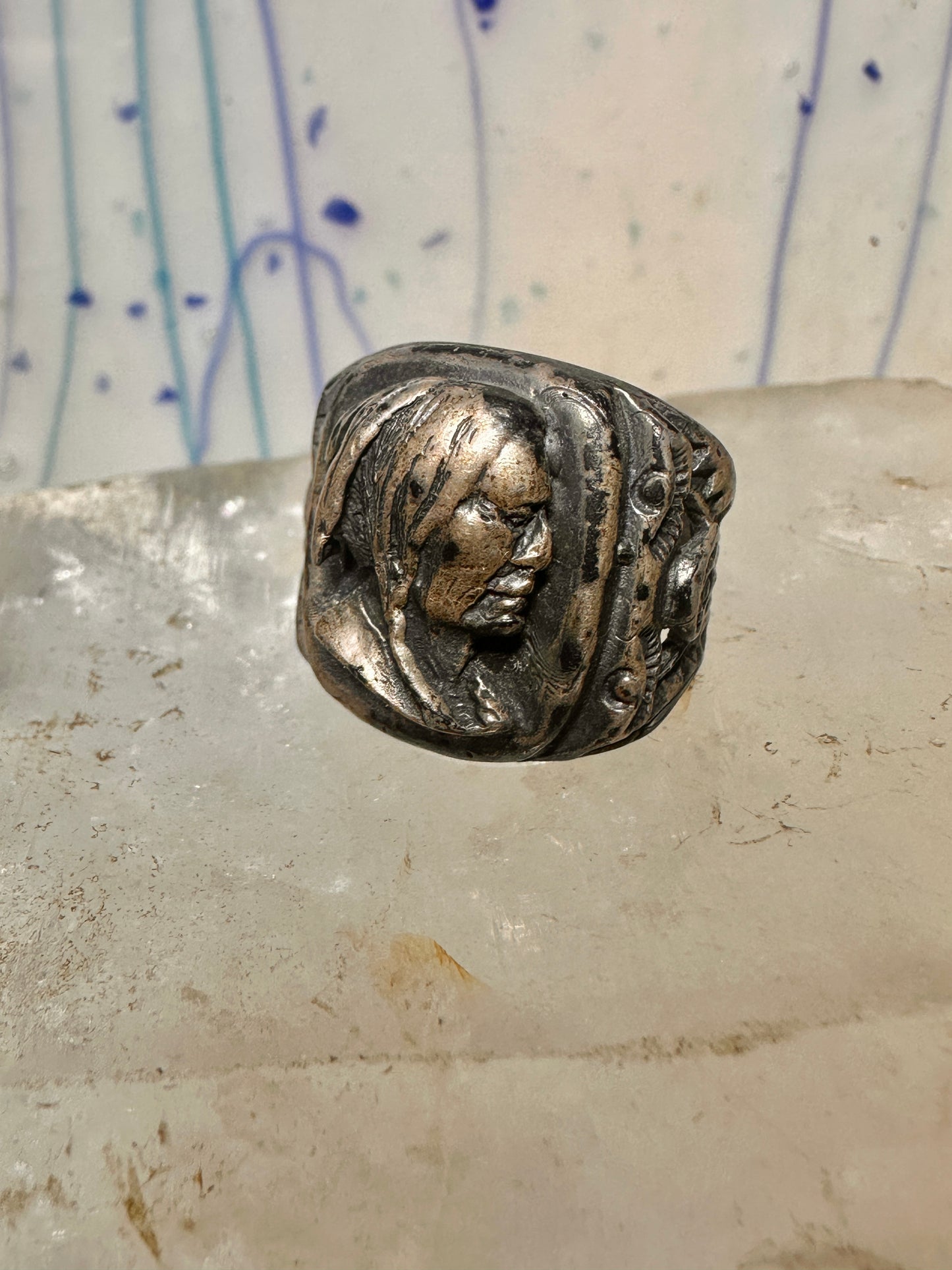 Native American face old ring size 7 sterling silver women men signed sterling hard to read