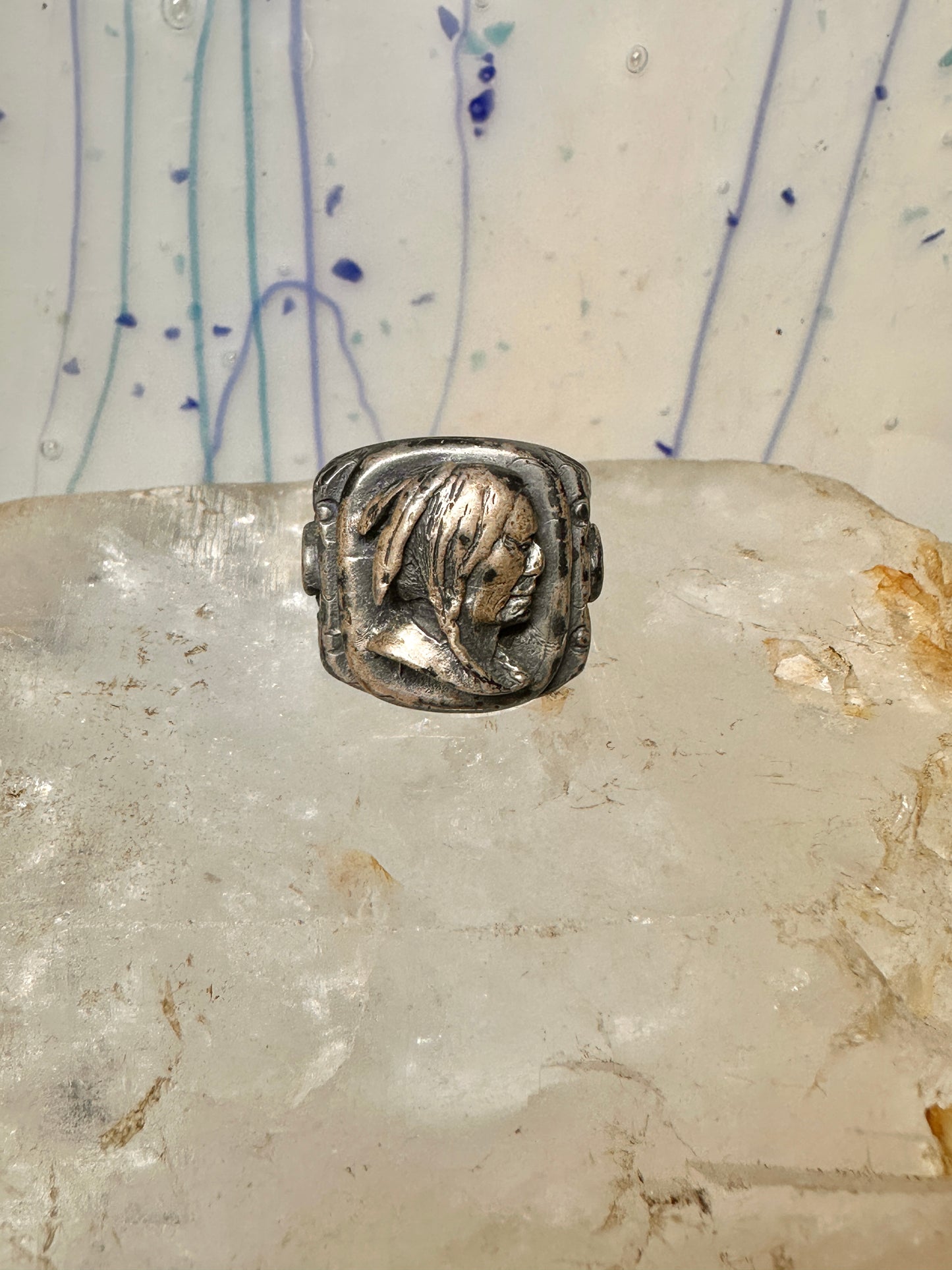 Native American face old ring size 7 sterling silver women men signed sterling hard to read