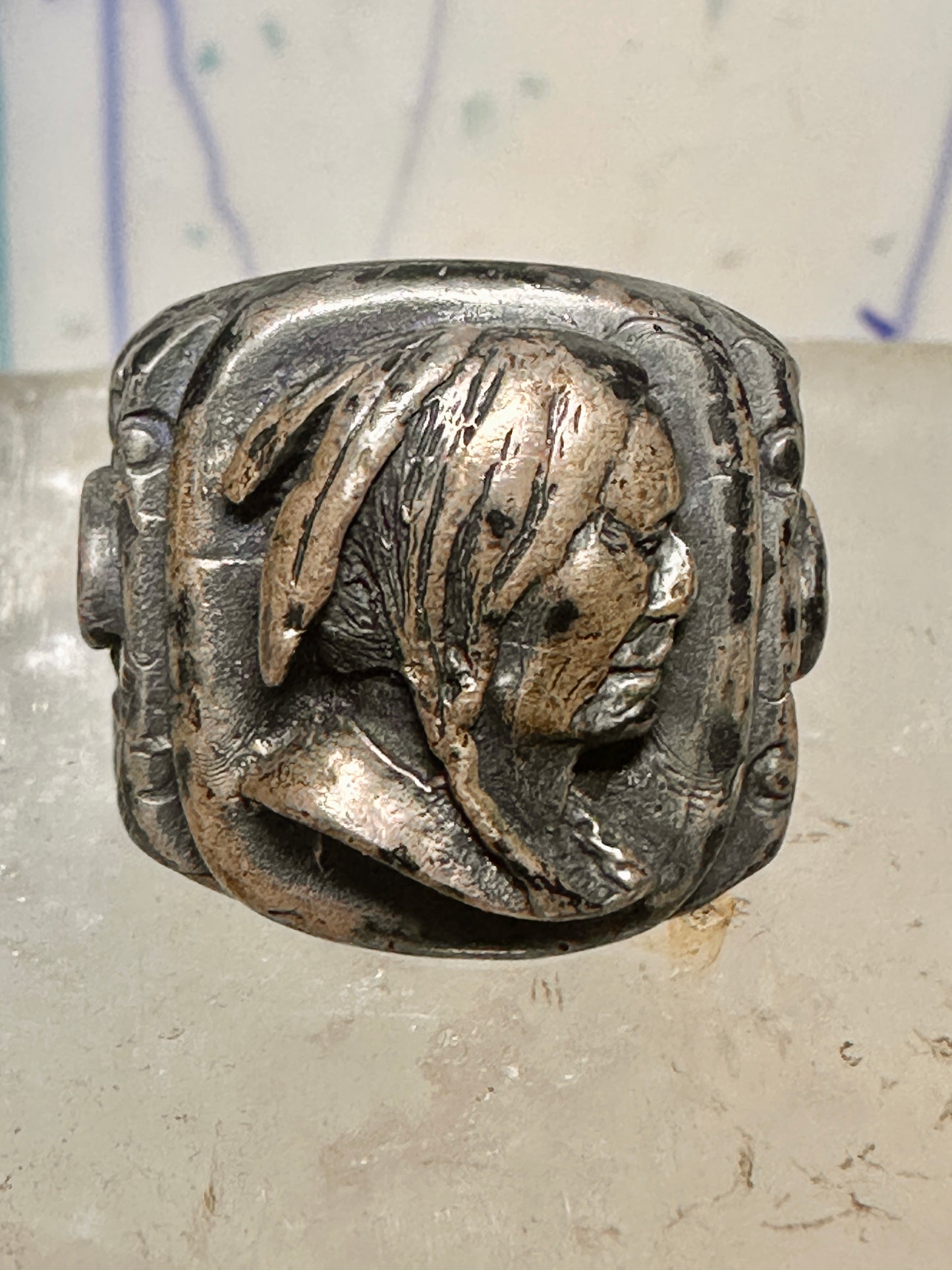 Native American face old ring size 7 sterling silver women men signed sterling hard to read