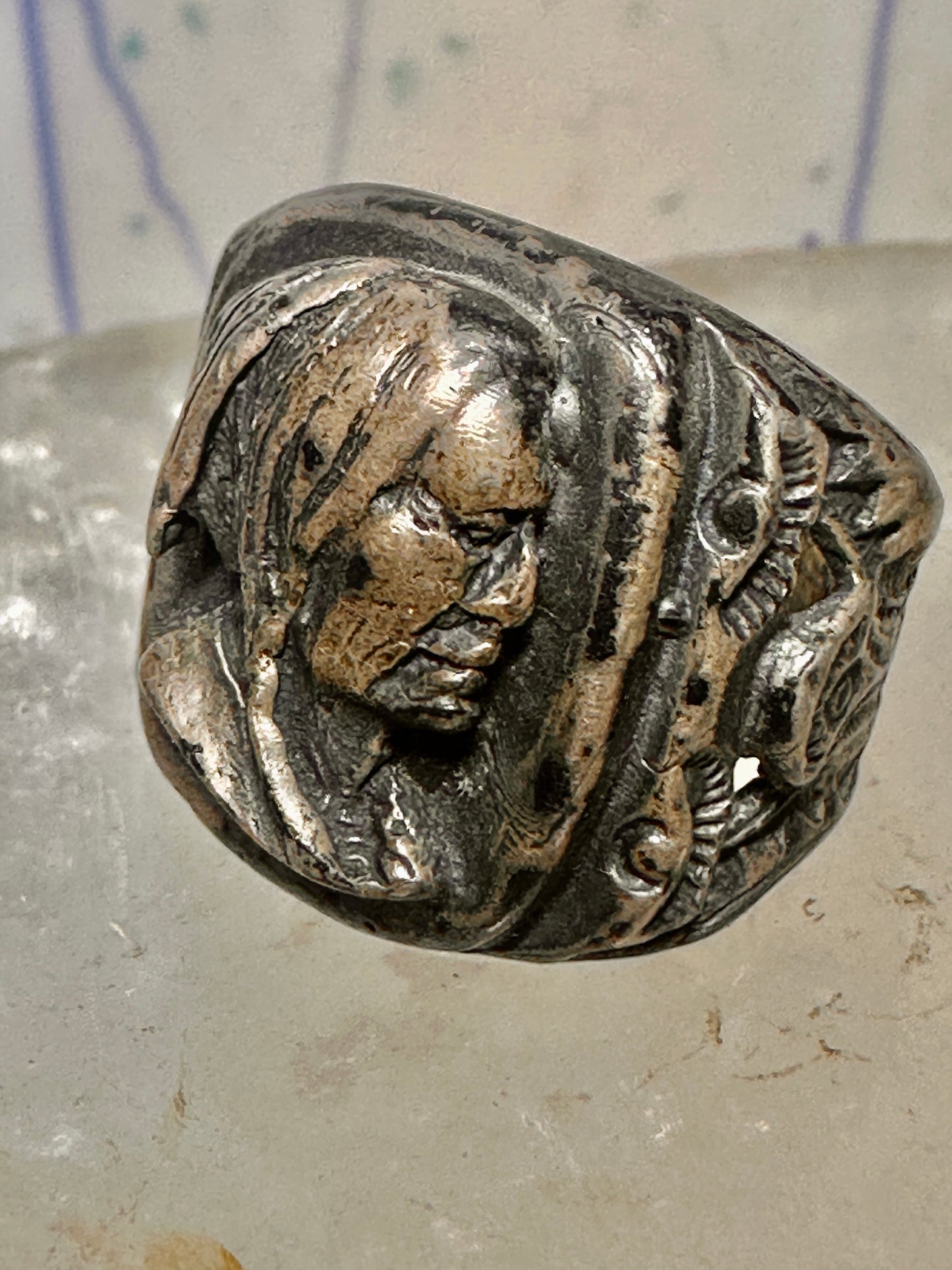 Native American face old ring size 7 sterling silver women men signed sterling hard to read
