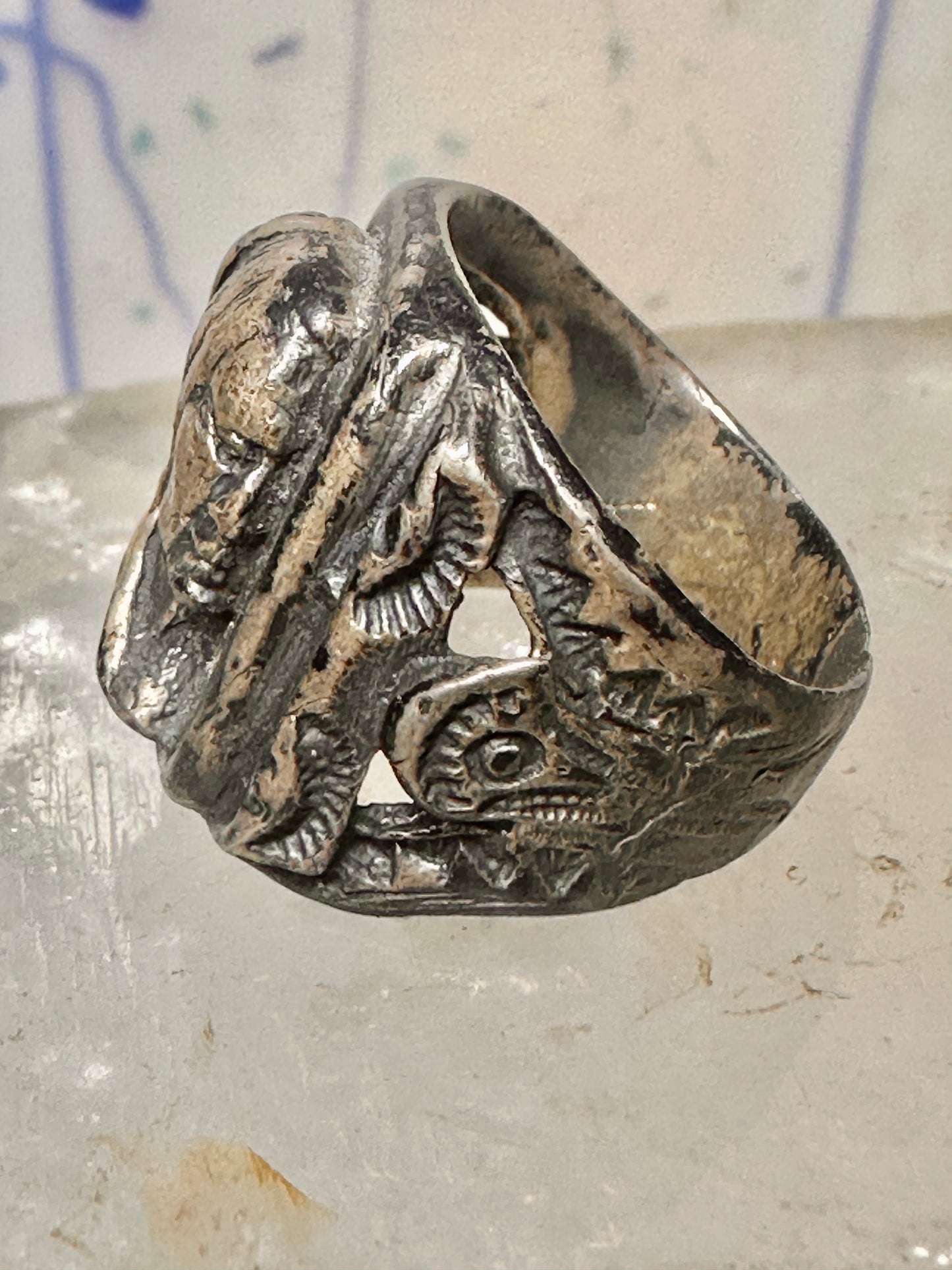 Native American face old ring size 7 sterling silver women men signed sterling hard to read