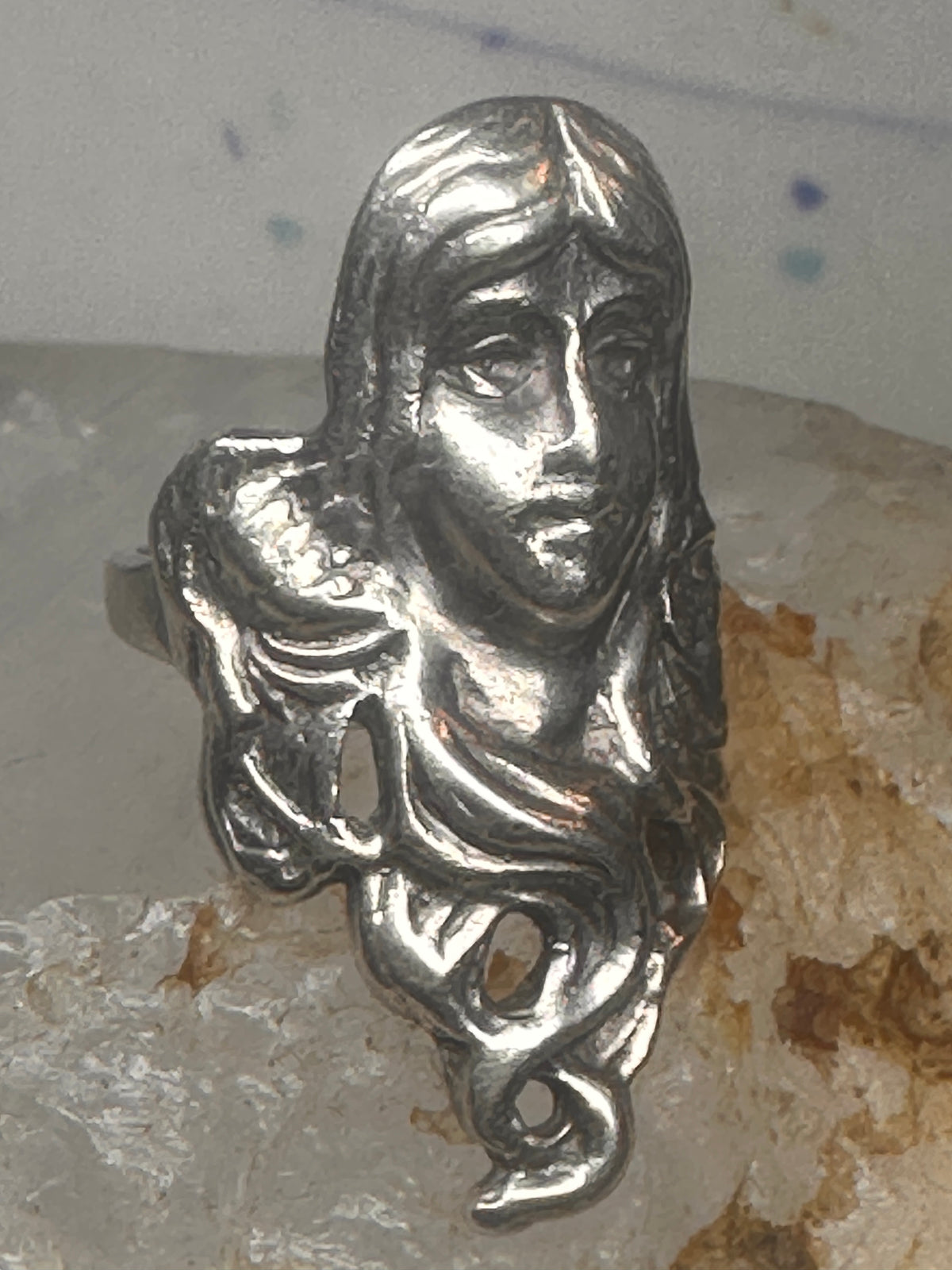 Vintage Sterling Silver Flowing Hair Art Nouveau Lady Face Ring Size 6.75 11.9g 925